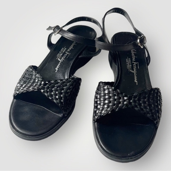 Ferragamo Classic Slingback Sandals Woven Leather Top Black Leather Shoes 8B - Picture 5 of 14